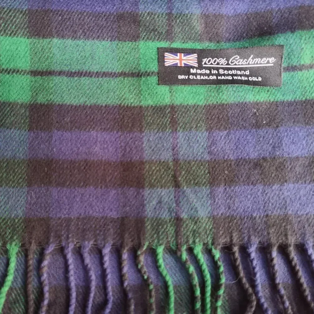 100% Cashmere Blue Green Tartan Scarf made in Scotland NEW!